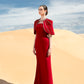 Red Evening Gown with Beaded Capelet and Strapless Design