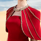 Red Evening Gown with Beaded Capelet and Strapless Design