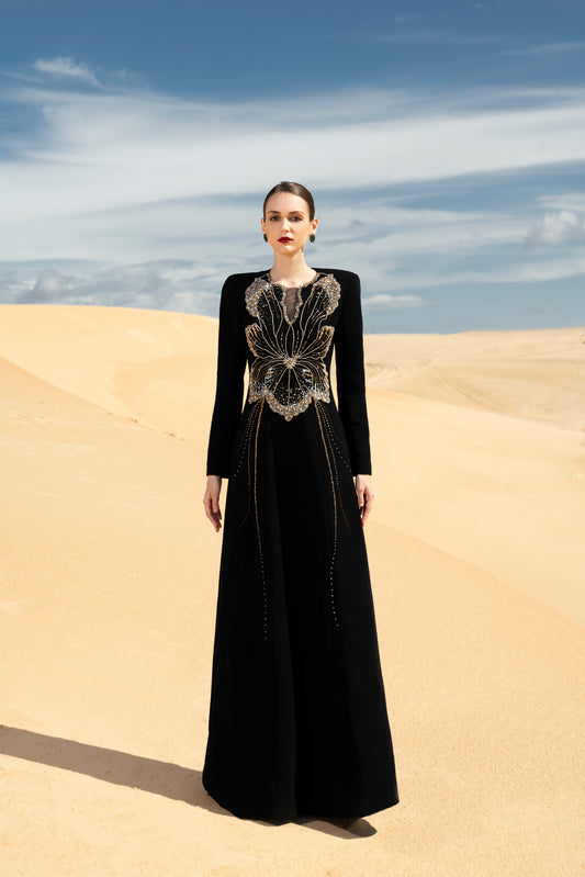 Black Gown with Embellished Butterfly Motif